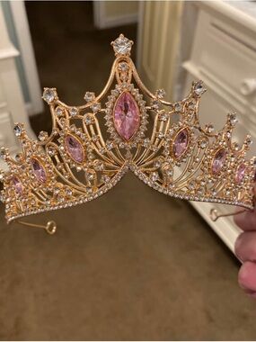 Rose Gold Tone Metal Rhinestone Princess Tiara Crown Silver/Pink New